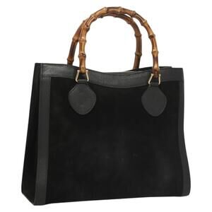 GUCCI Bamboo Hand Bag Suede Black Gold 002 002
